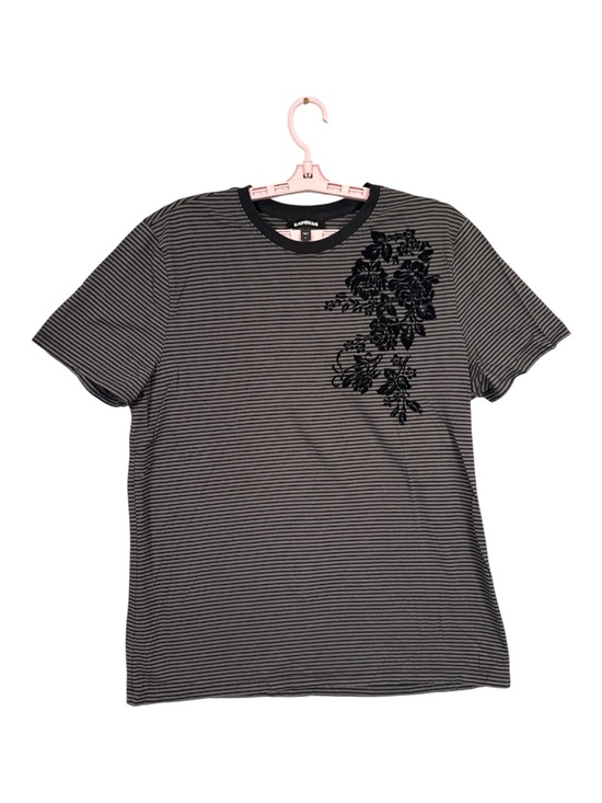 Express Other - Express Men's Black & Gray‎ Striped Short-Sleeve Crew Neck Tee w Floral Print, L